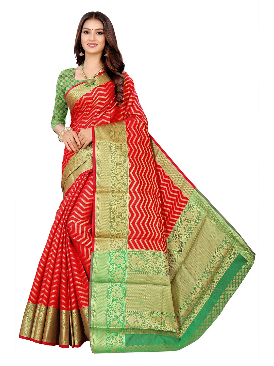 

Rivana Red & Green Woven Design Zari Kanjeevaram Saree