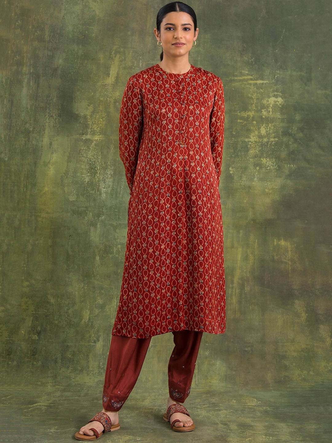 

W The Folksong Collection Women Maroon Ethnic Motifs Printed Kurta