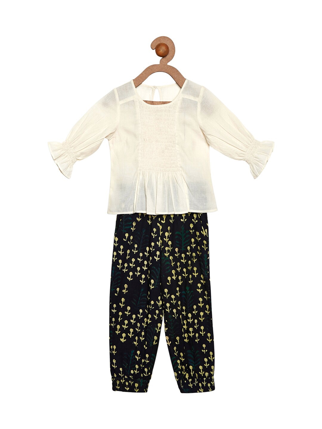 

charkhee Girls Solid Pure Cotton Top with Printed Pyjamas, Off white