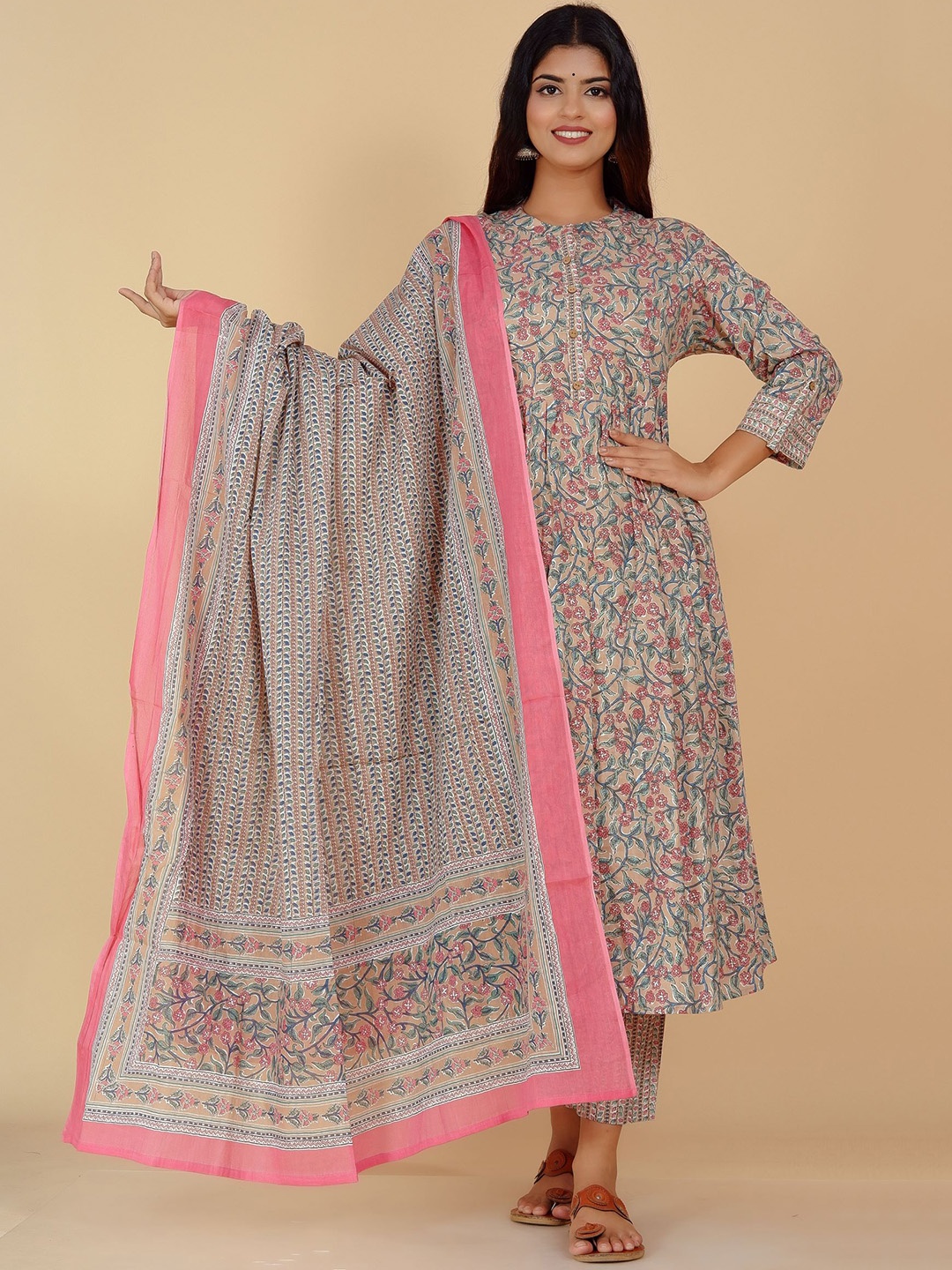 

DHRTI Women Beige Floral Printed Pure Cotton Kurta with Trousers & Dupatta