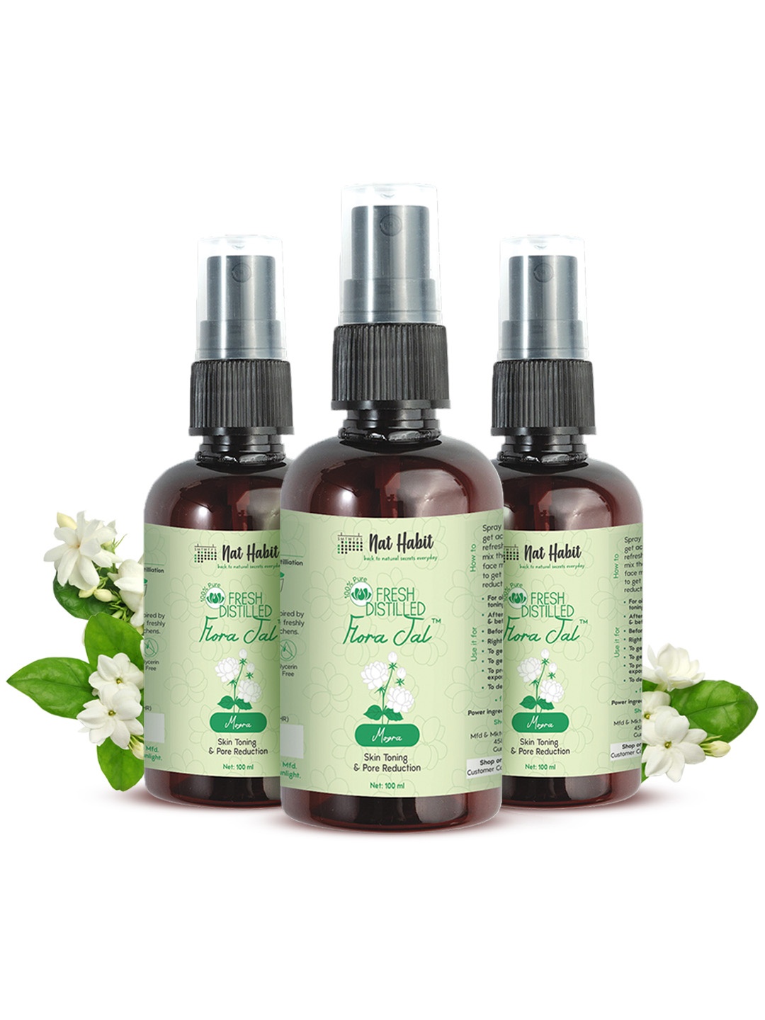 

Nat Habit Set Of 3 Pure Fresh Distilled Mogra Flora Jal Toner For Skin Toning - 100ml Each, Green