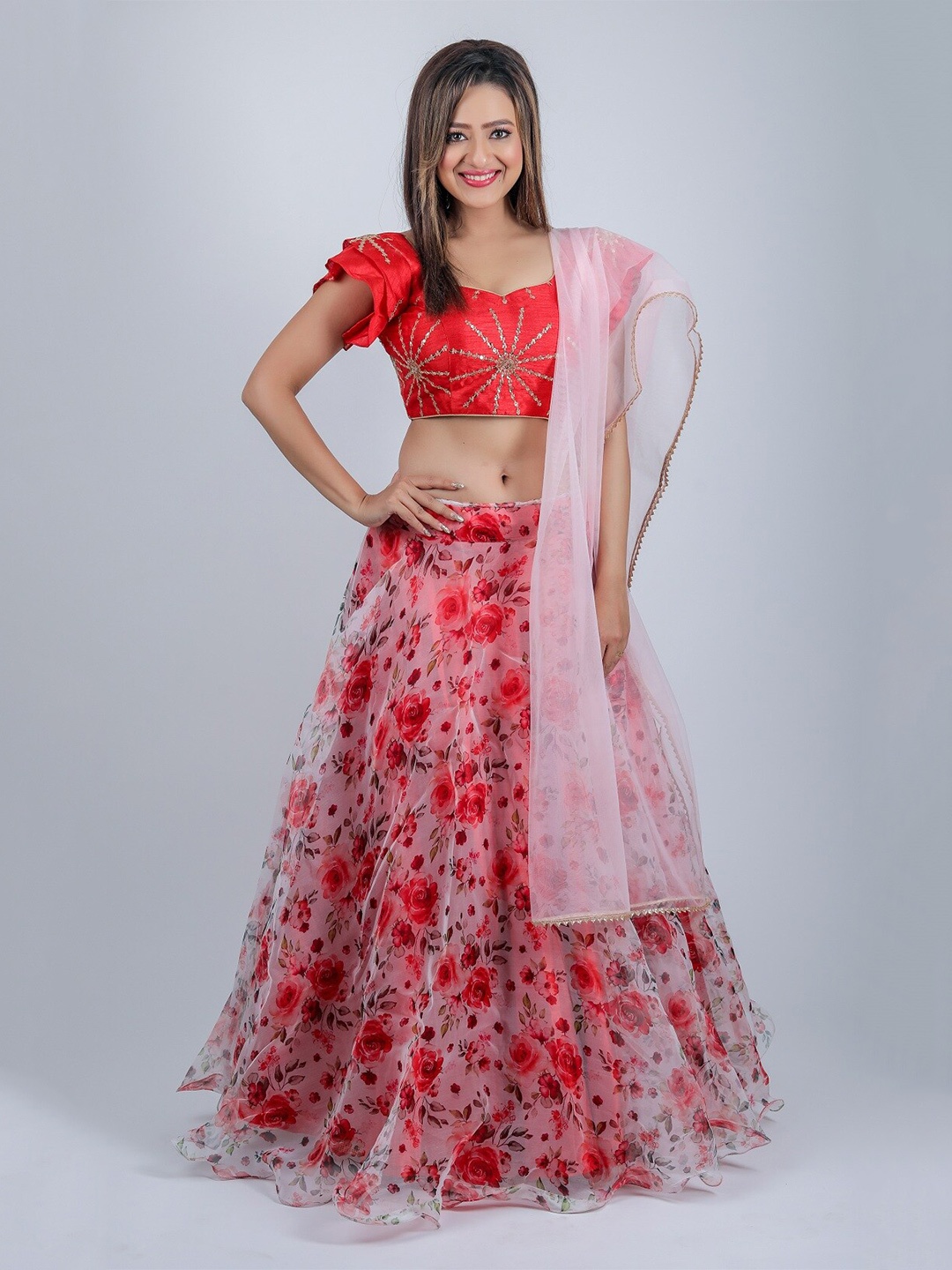 

Fashion Basket Red & Pink Printed Semi-Stitched Lehenga & Unstitched Blouse With Dupatta