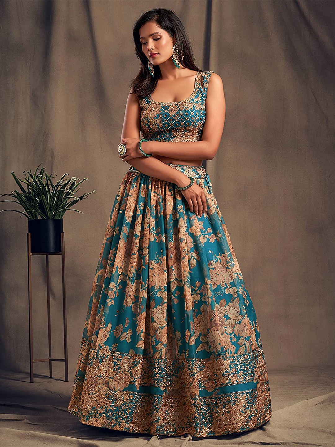 

Fashion Basket Blue & Beige Printed Semi-Stitched Lehenga & Unstitched Blouse With Dupatta