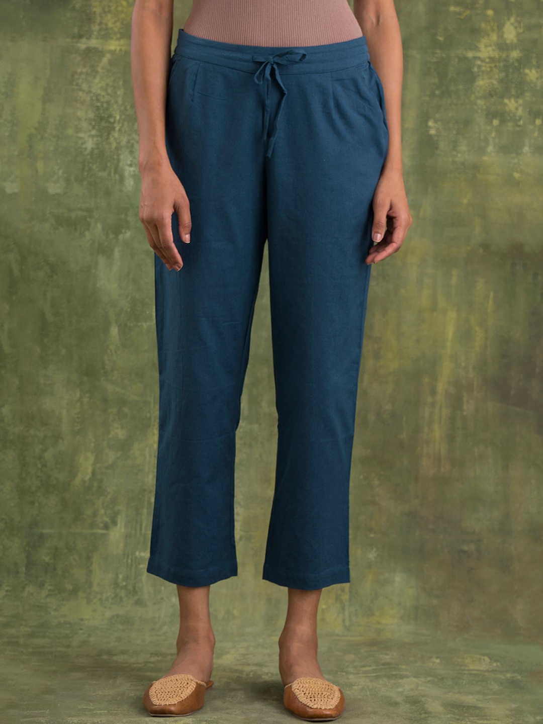 

W The Folksong Collection Women Blue Solid Straight Pants, Teal
