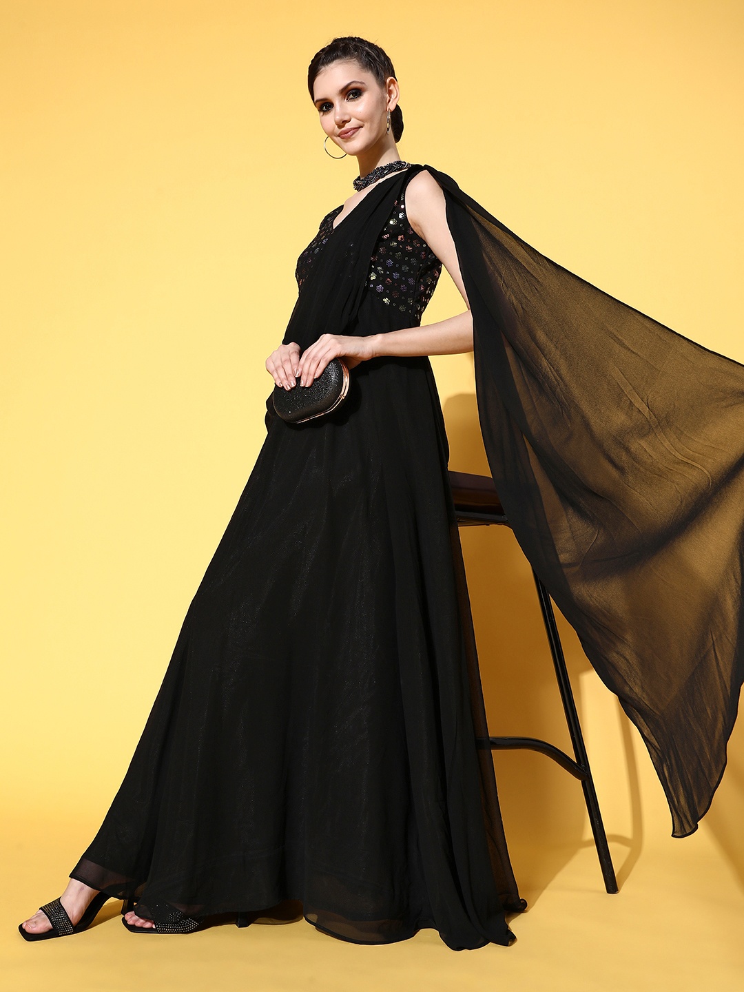 

Inddus Women Black Georgette Elevated Gown