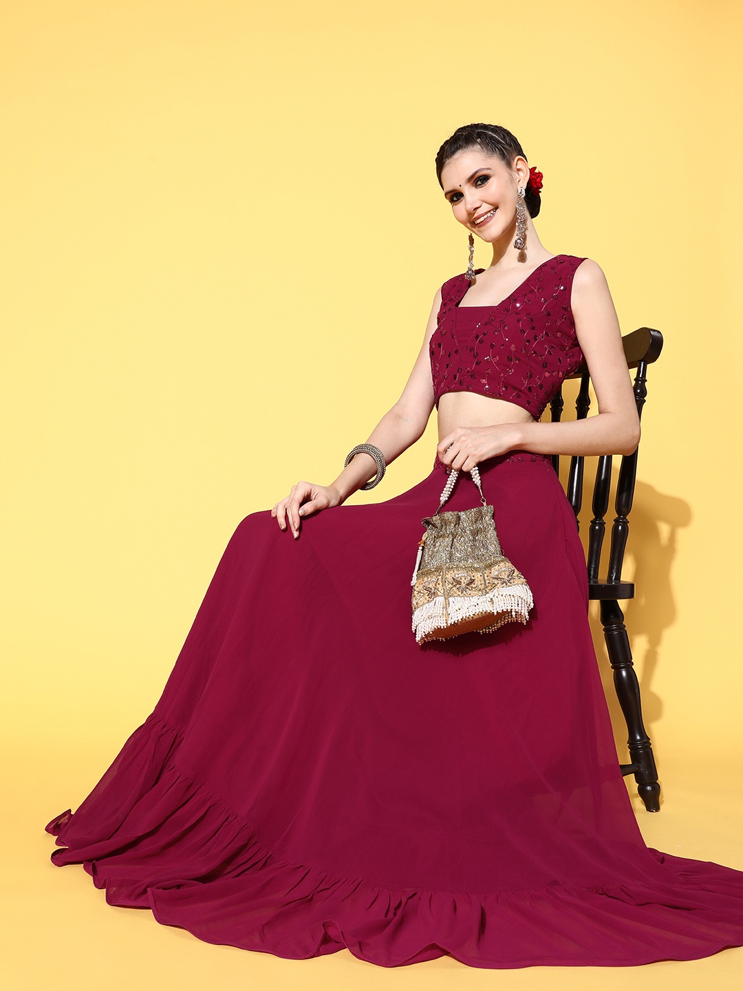 

Inddus Women Enchanting Fuchsia Embellished Top with Solid Skirt