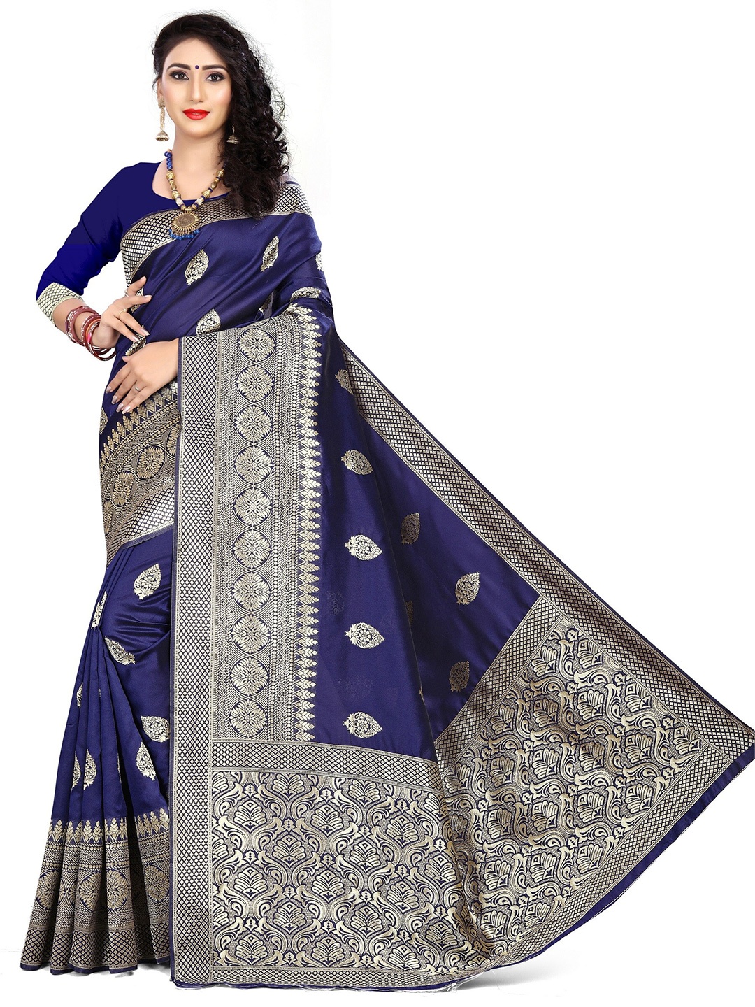

Rivana Navy Blue & Gold-Toned Woven Design Zari Banarasi Saree