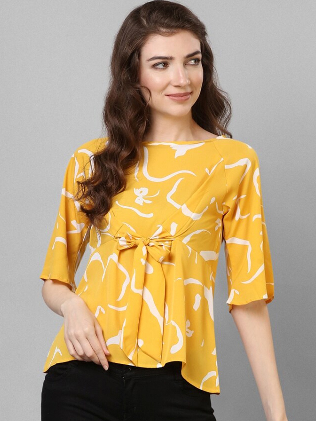 

Fashfun Women Printed Crepe Cinched Waist Top, Yellow