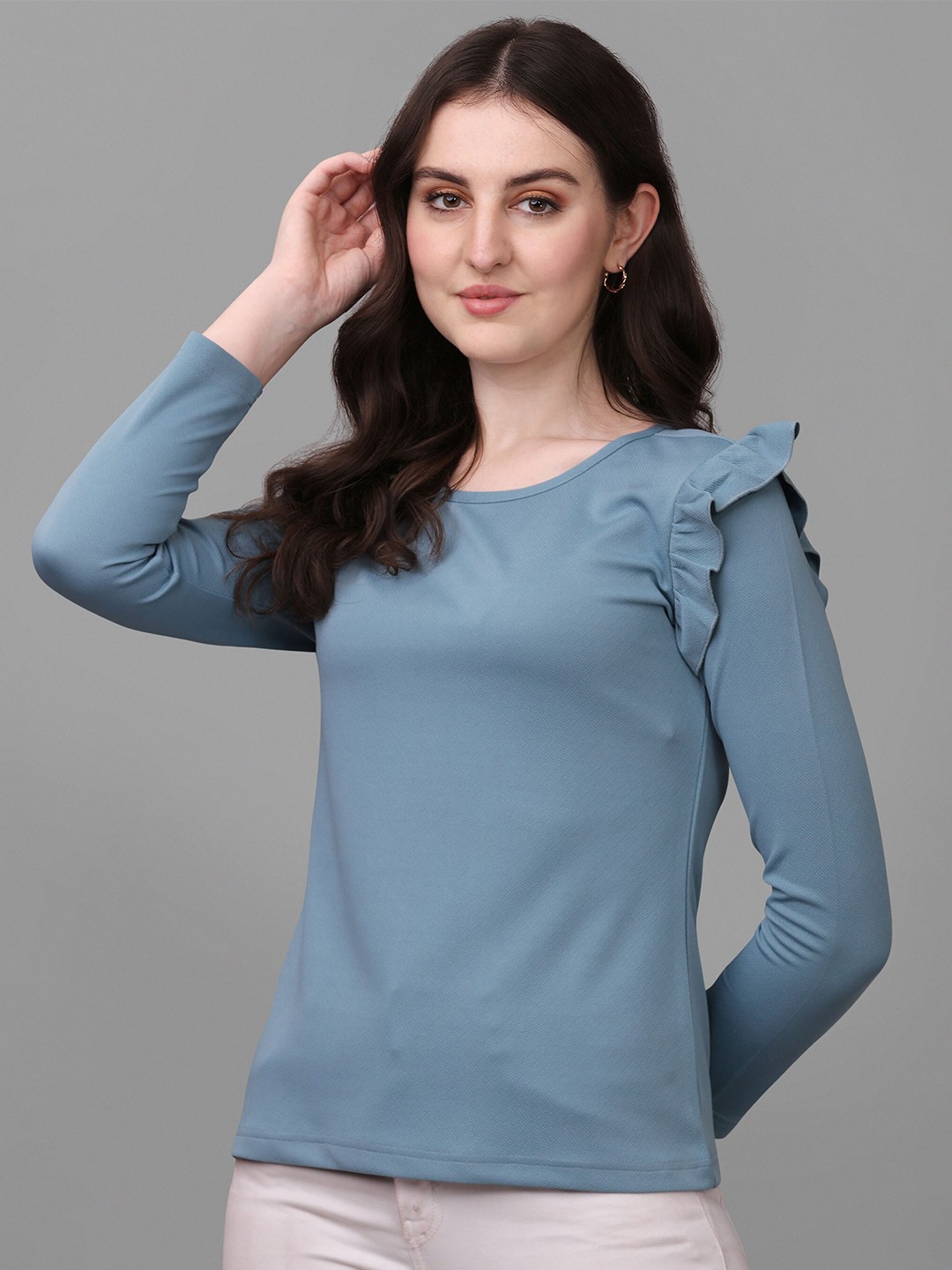 

VeBNoR Women Ruffled Long Sleeve Top, Blue