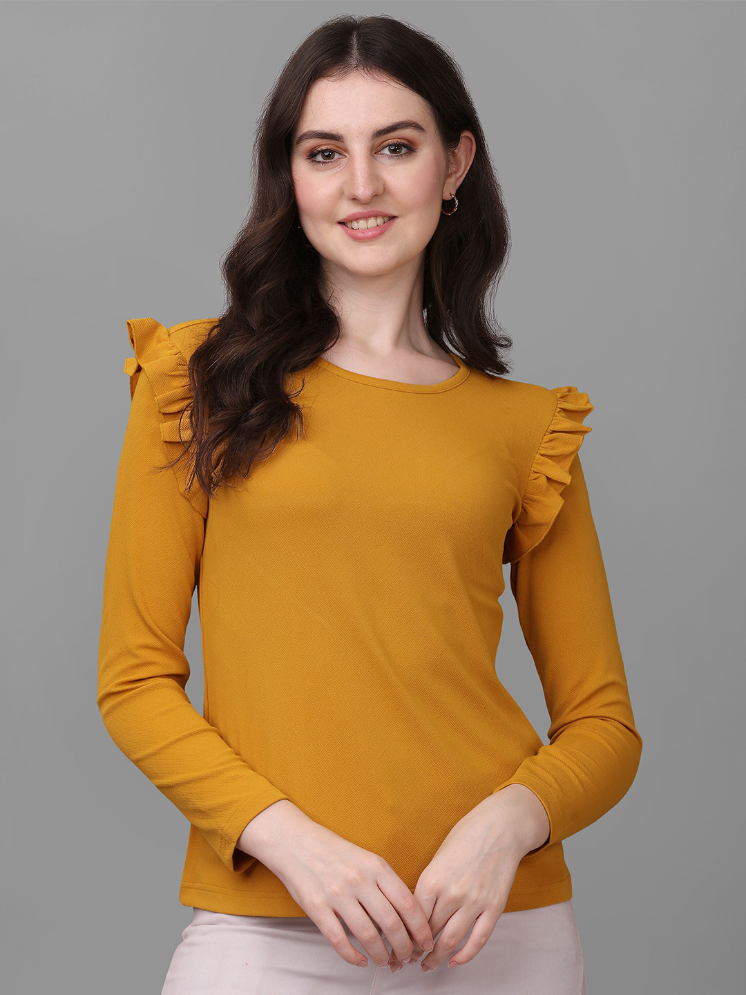 

VeBNoR Women Ruffled Long Sleeve Top, Mustard