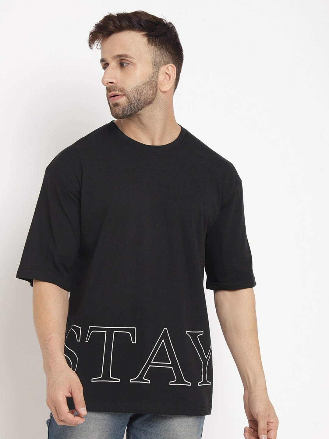

GRITSTONES Men Oversized Typography Printed Oversized Cotton T-shirt, Black