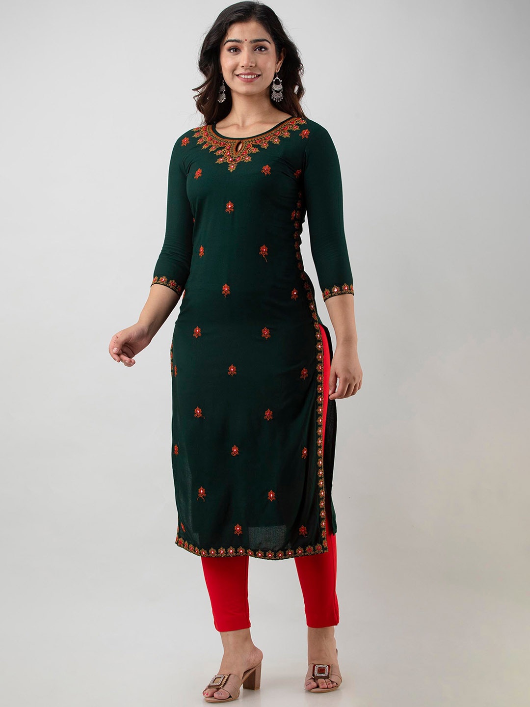 

FASHION DEPTH Women Ethnic Motifs Embroidered Keyhole Neck Thread Work Kurta, Green