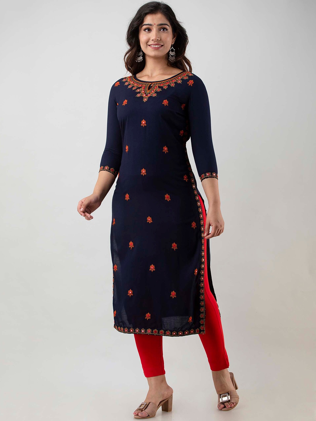 

FASHION DEPTH Women Ethnic Motifs Embroidered Keyhole Neck Thread Work Kurta, Blue
