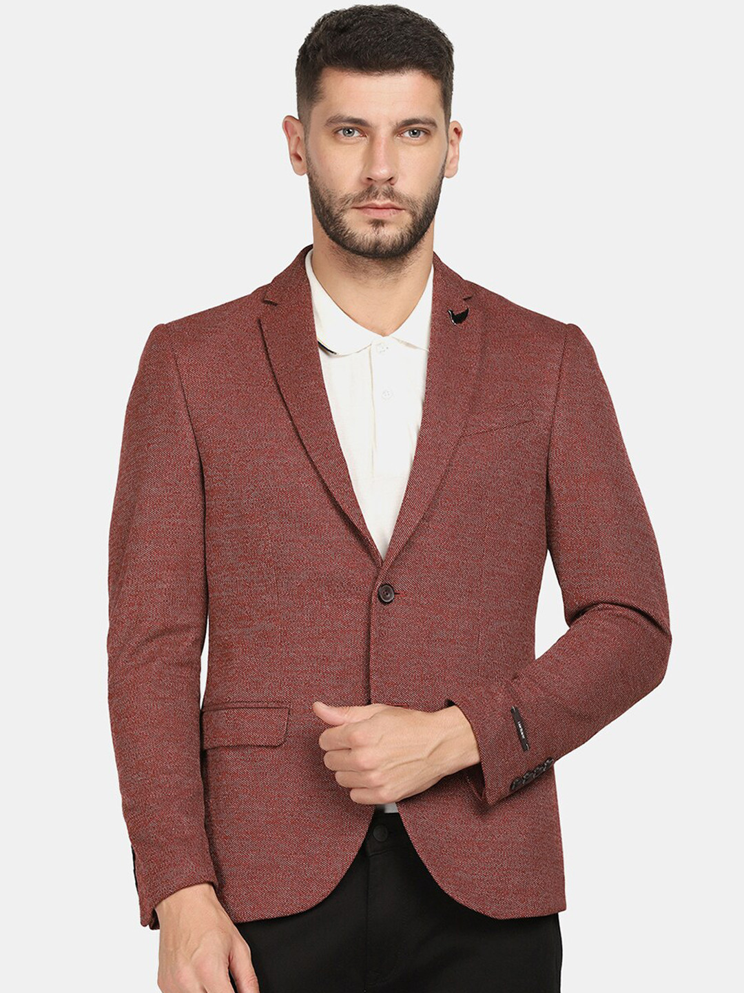 

Blackberrys Men Self Design Slim-Fit Single Breasted Blazer, Maroon