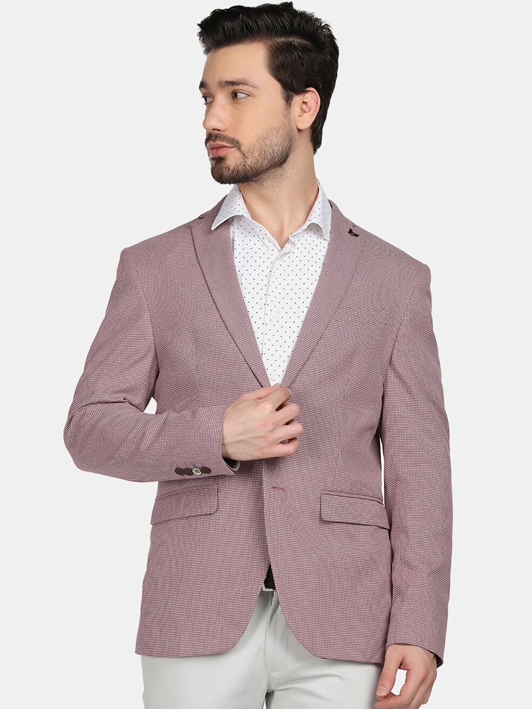 

Blackberrys Men Pink Checked Slim-Fit Single Breasted Blazer
