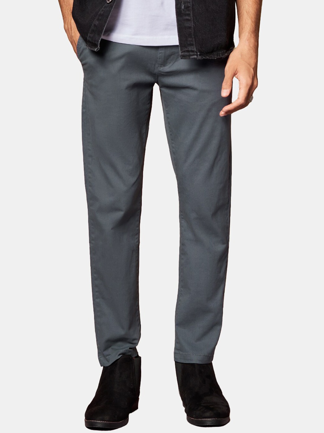 

The Souled Store Men Grey Solid Trousers