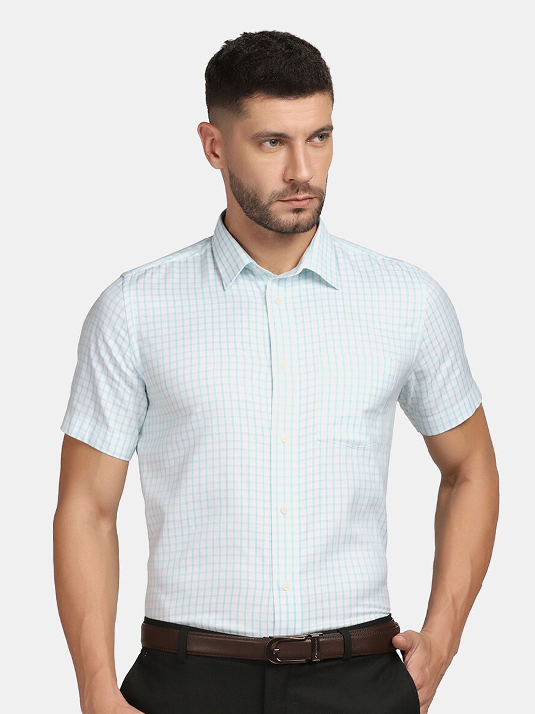 

Blackberrys Men Slim Fit Grid Tattersall Checks Checked Cotton Formal Shirt, Blue