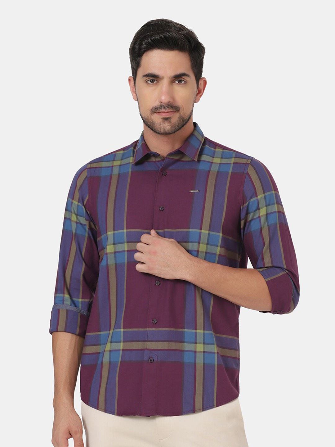 

Blackberrys Men Slim Fit Tartan Checked Casual Cotton Shirt, Purple