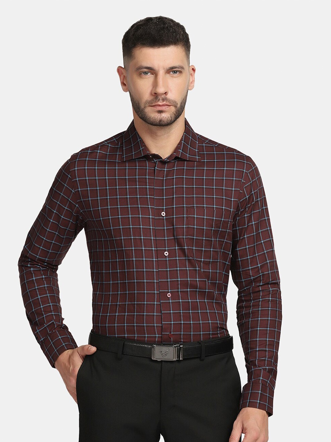 

Blackberrys Men Slim Fit Checked Cotton Formal Shirt, Maroon