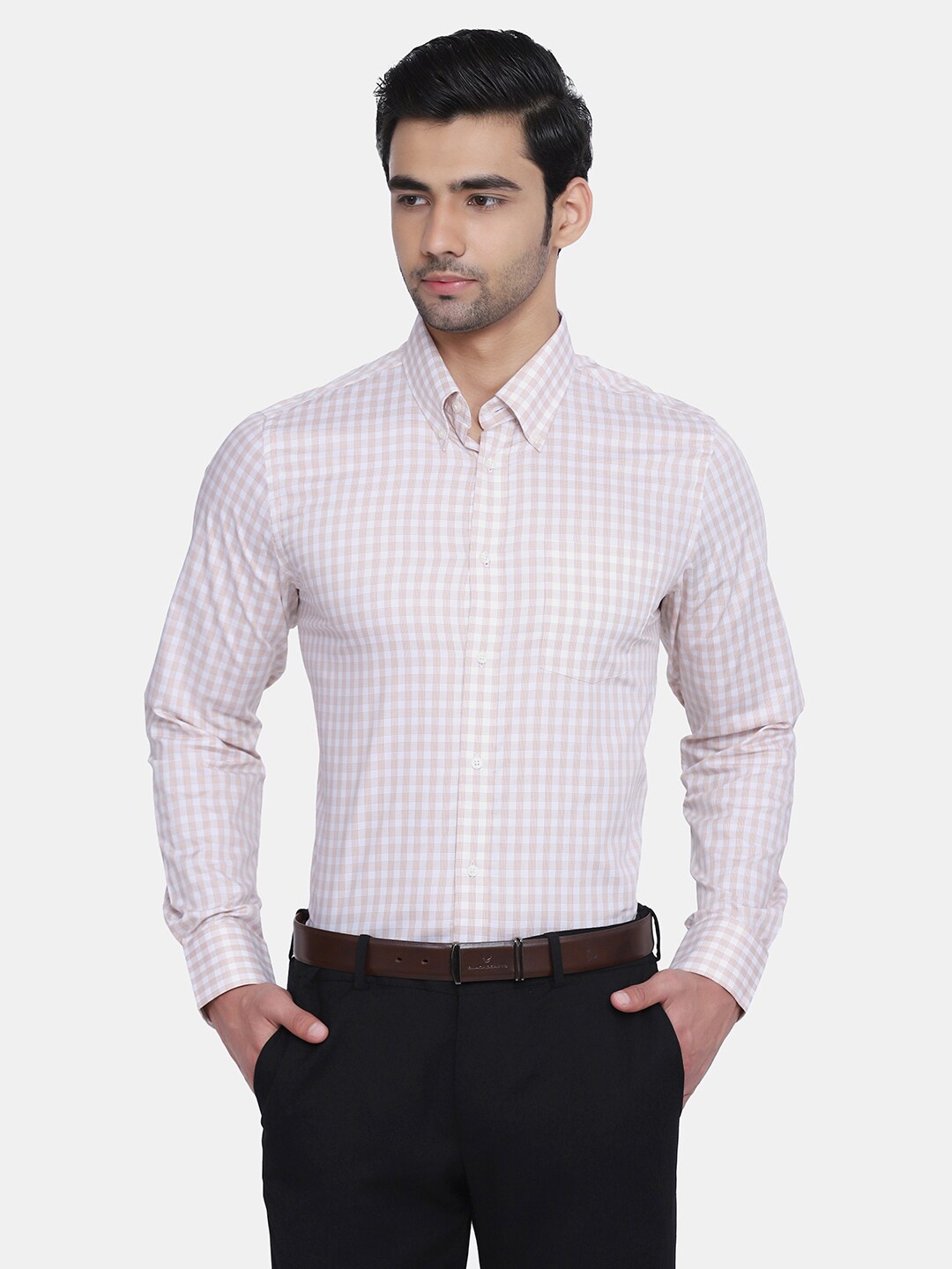 

Blackberrys Men Slim Fit Gingham Checked Formal Shirt, Beige