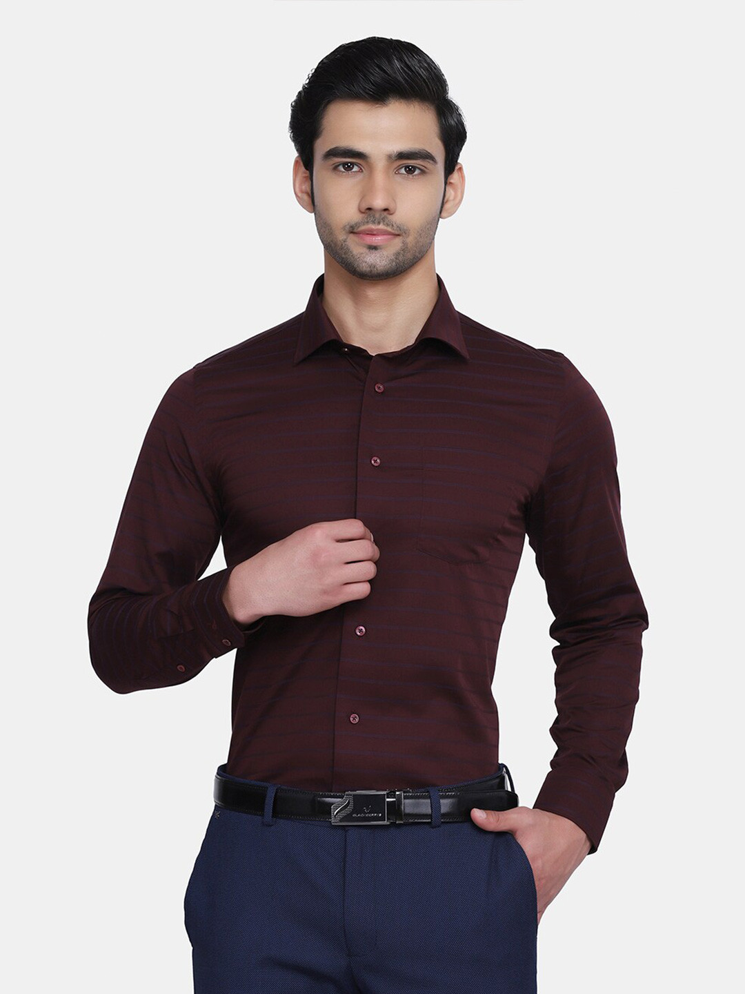 

Blackberrys Men Slim Fit Horizontal Stripes Striped Formal Cotton Shirt, Maroon