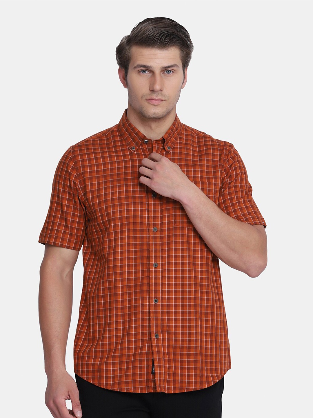 

Blackberrys Men Slim Fit Checked Cotton Casual Shirt, Orange