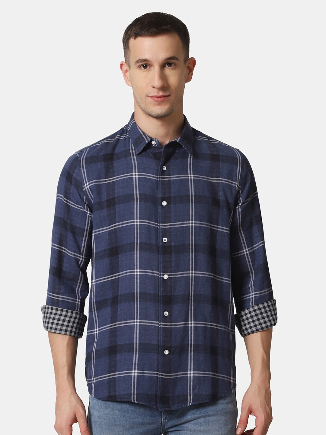 

Blackberrys Men Slim Fit Tartan Checked Casual Cotton Shirt, Blue