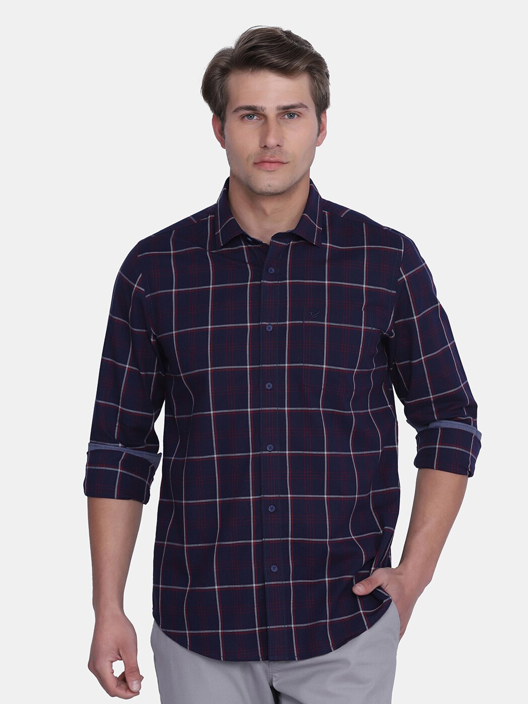 

Blackberrys Men Spread Collar Roll Up Sleeves Slim Fit Windowpane Checks Casual Shirt, Navy blue