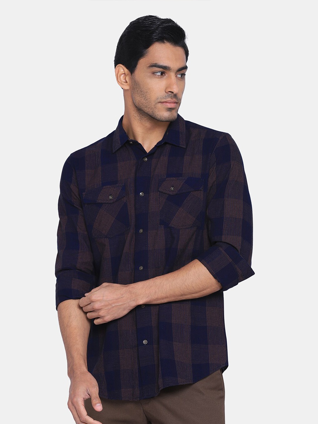 

Blackberrys Men Slim Fit Buffalo Checks Checked Casual Cotton Shirt, Blue