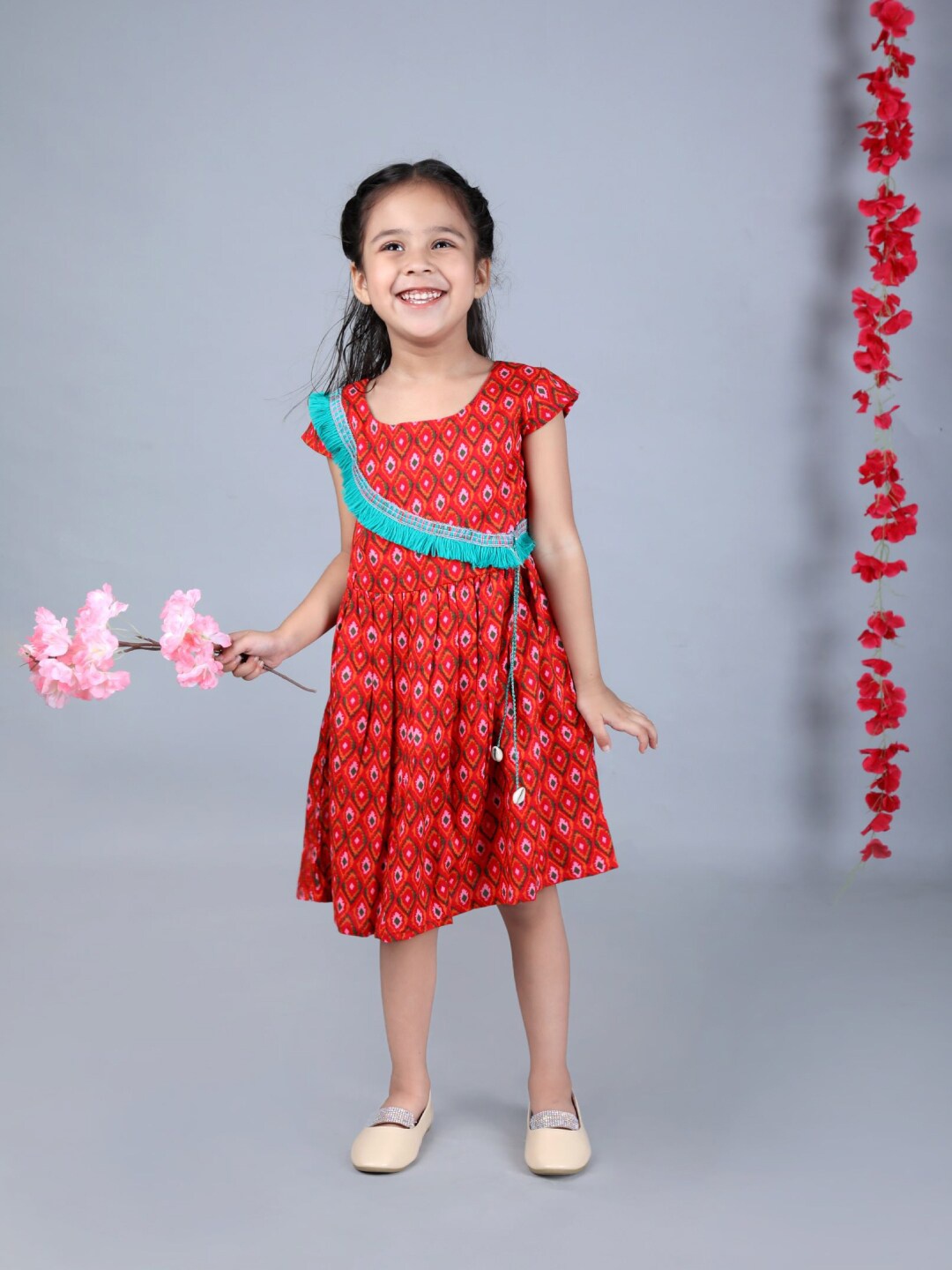 

Beyabella Girls Ethnic Motifs Printed Fringed Dress, Red