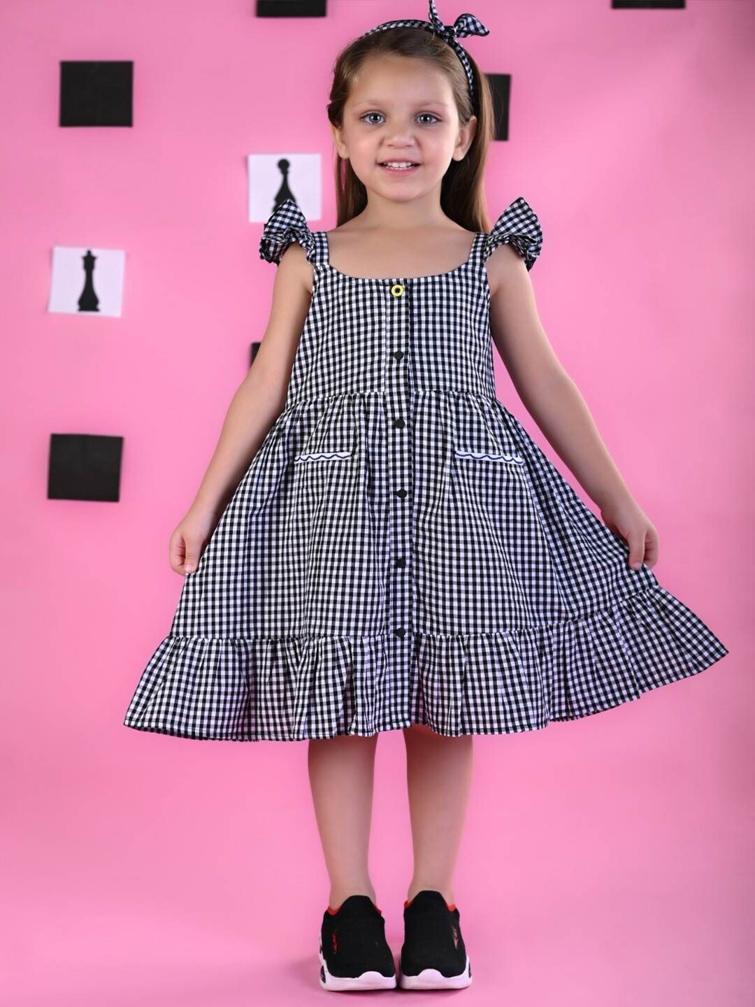 

Beyabella Girls Checked Cotton A-Line Dress, Black