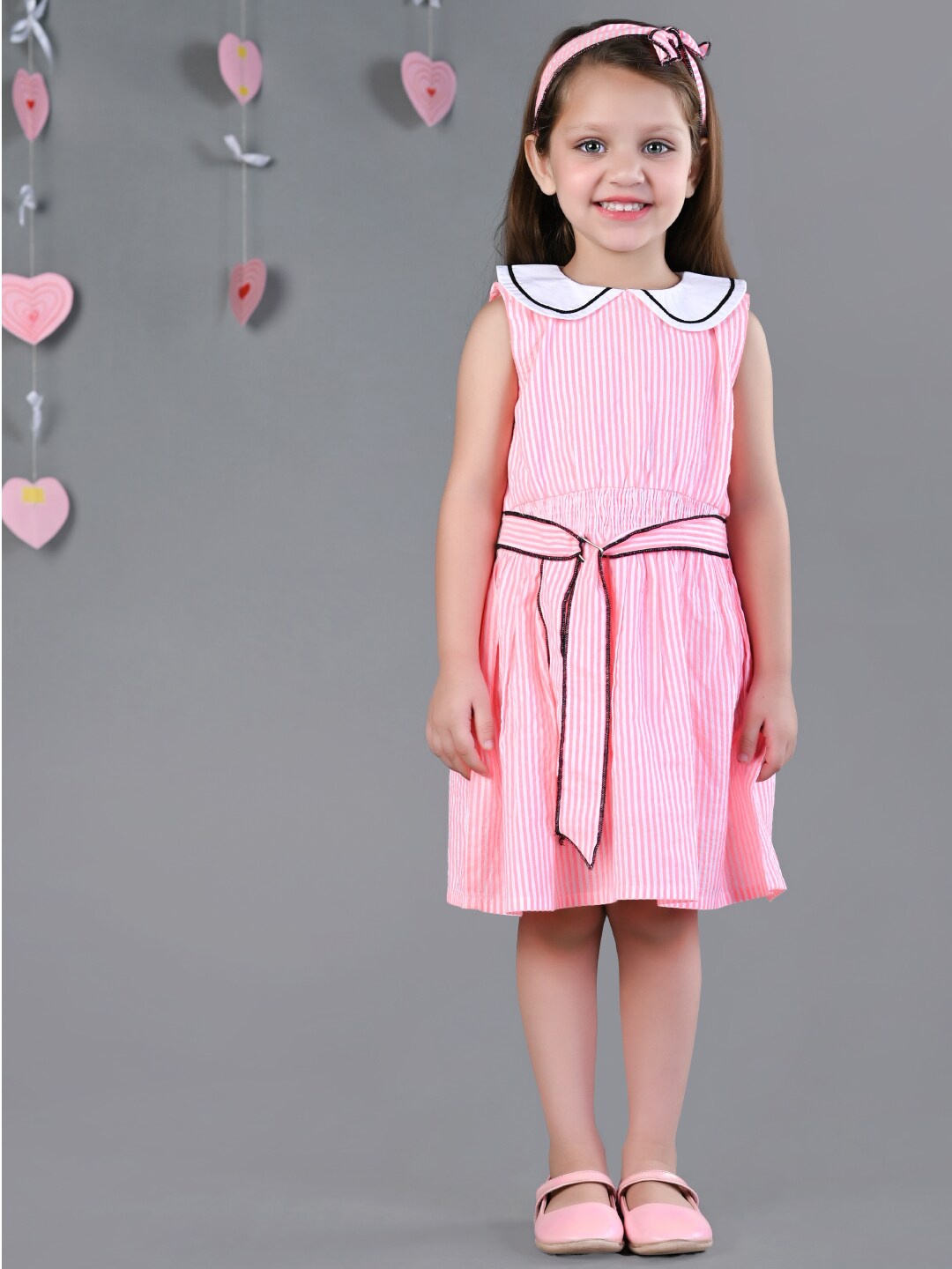 

Beyabella Girls Striped Peter Pan Collar Cotton A-Line Dress, Pink