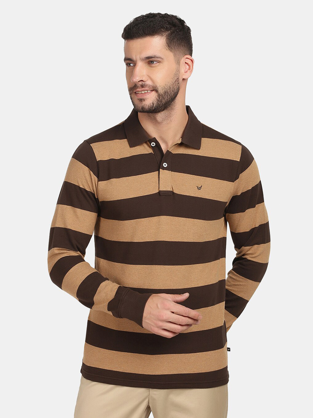 

Blackberrys Men Striped Polo Collar Slim Fit T-shirt, Brown