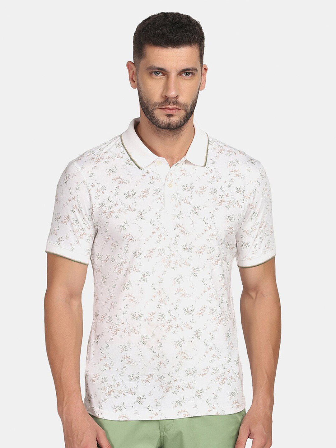 

Blackberrys Men Floral Printed Polo Collar Tropical Slim Fit Cotton T-shirt, Off white