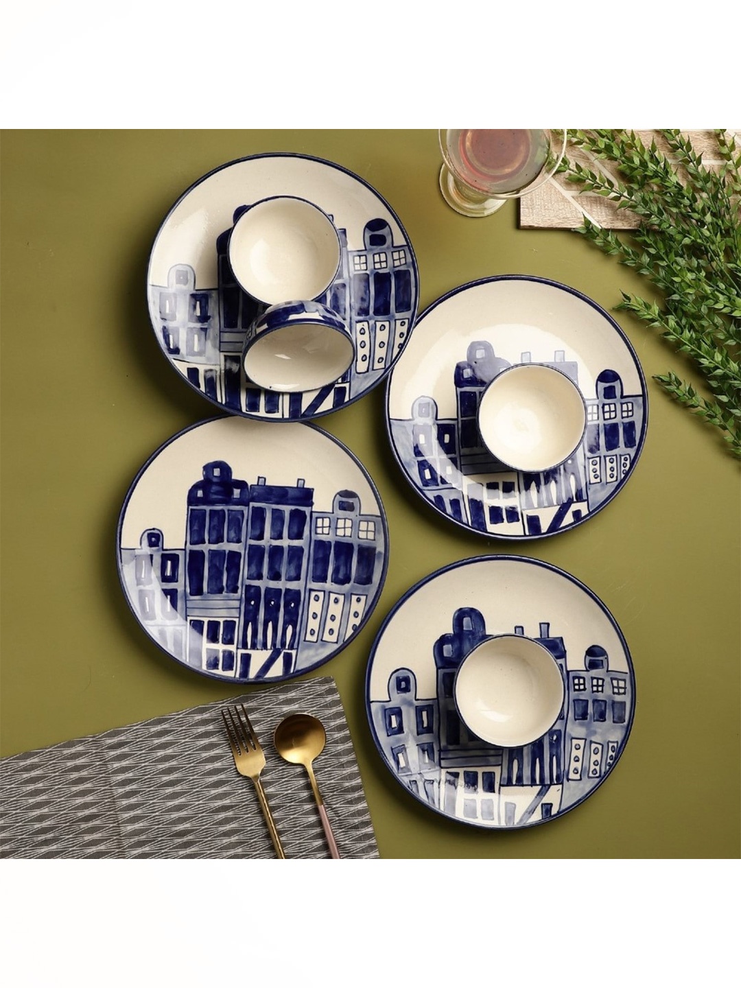 

The Decor Mart Blue 8 Pieces Dishwasher Safe Printed Ceramic Glossy Dinner Set