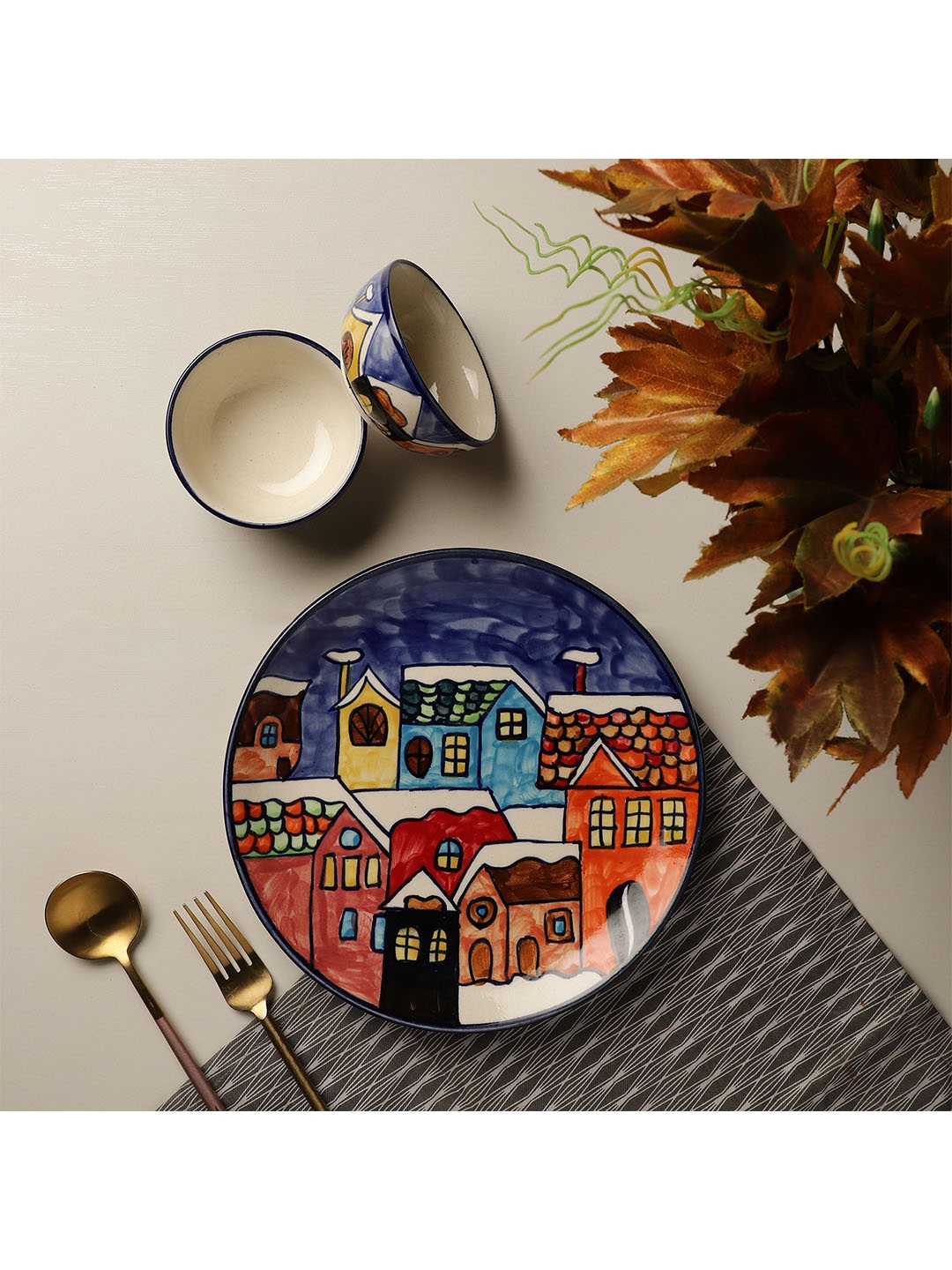 

The Decor Mart Blue & Red 3 Pieces of Dishwasher Safe Printed Ceramic Glossy Dinner Set