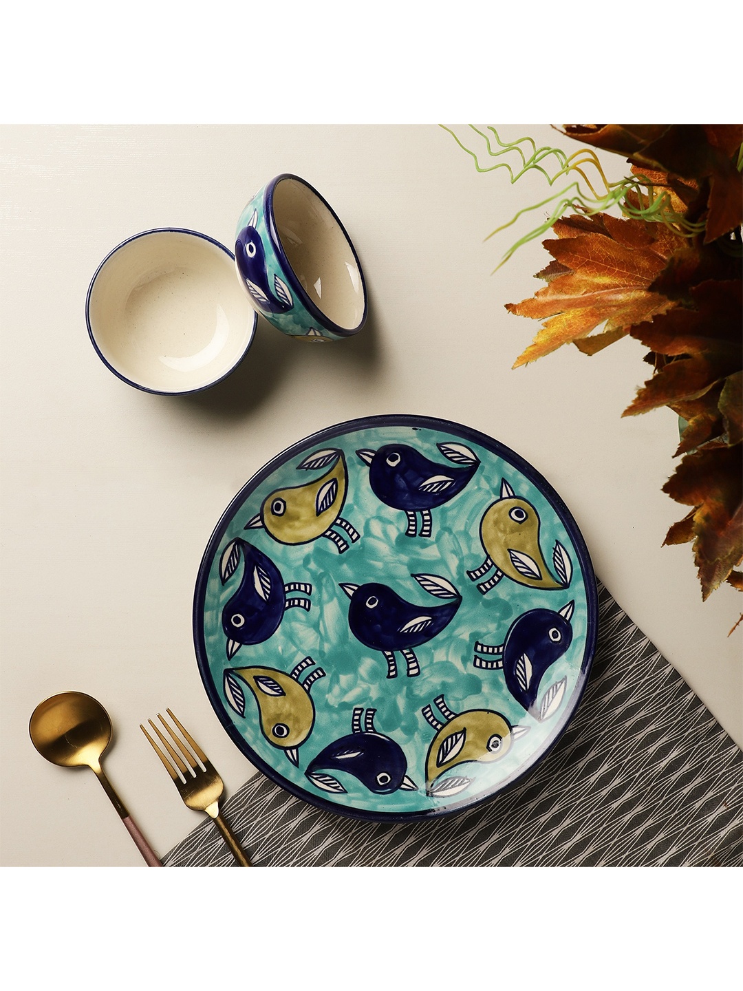 

The Decor Mart Blue & Yellow 3 Pieces of Dishwasher Safe Printed Ceramic Glossy Dinner Set