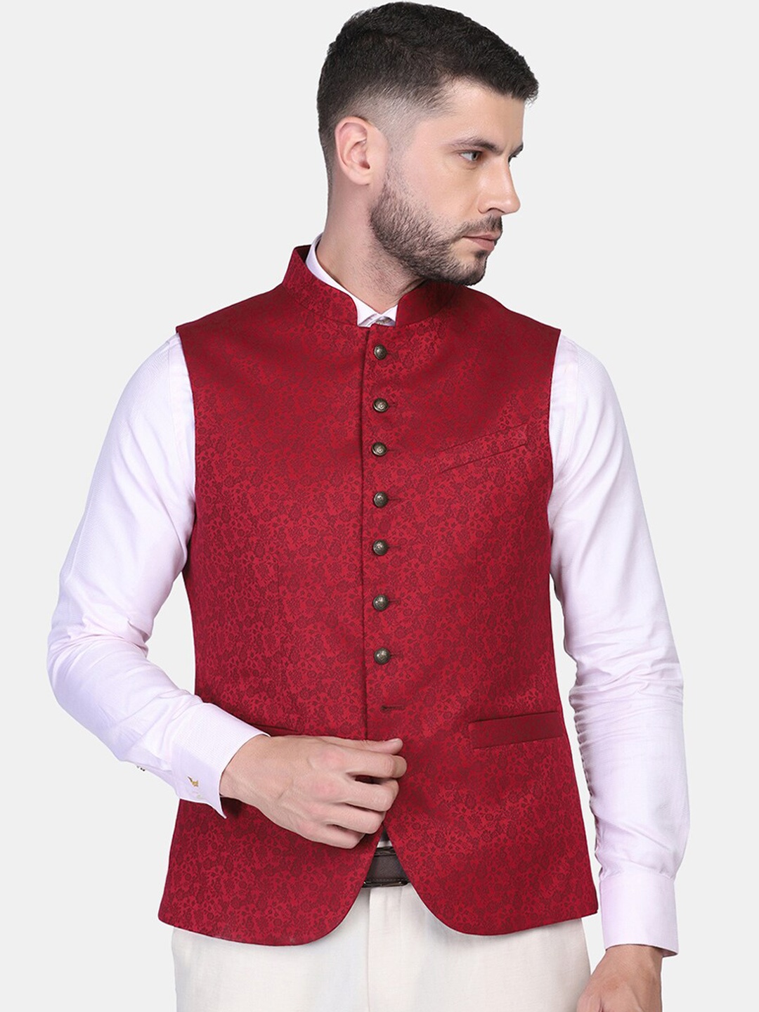 

Blackberrys Men Printed Woven Slim-Fit Nehru Jacket, Maroon