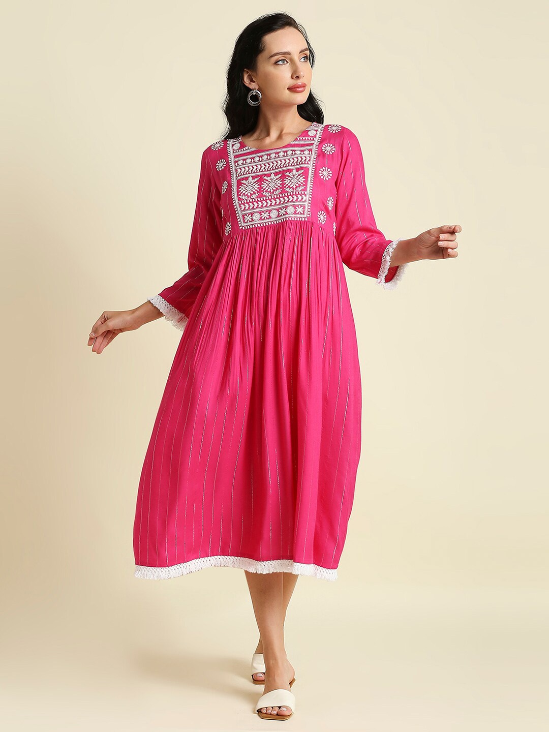 

Aanyor Women Ethnic Motifs Printed Cotton Dress, Pink