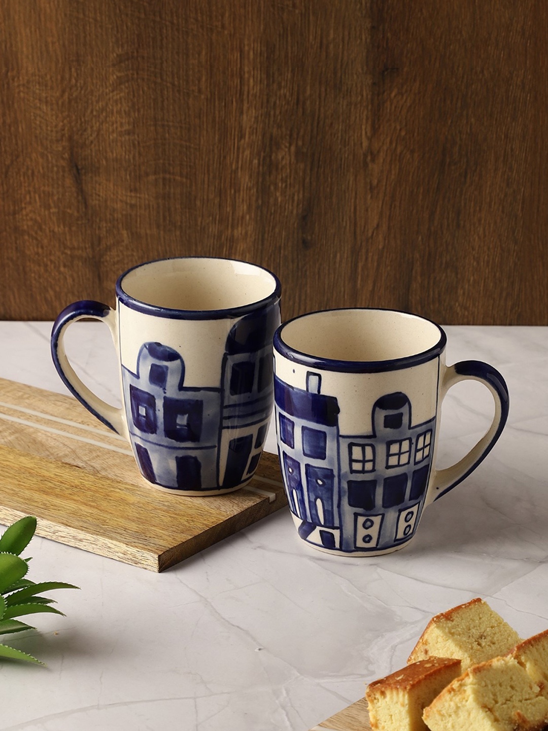 

The Decor Mart White & Blue Set of 2 Hand Painted Ceramic Glossy Mugs 270 ml, Off white
