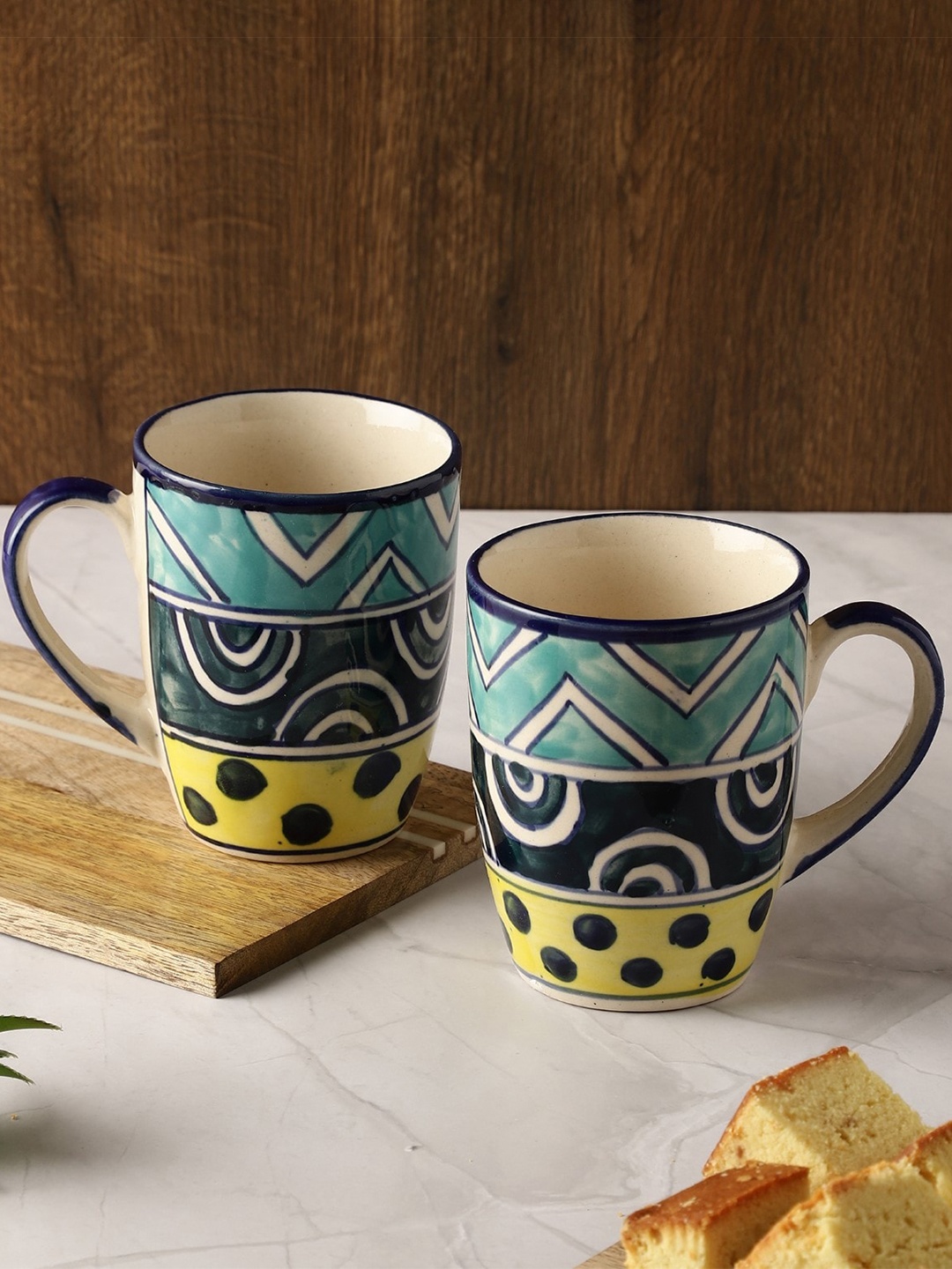 

The Decor Mart Blue & Yellow Set of 2 Hand Painted Ceramic Glossy Mugs 270 ml Each