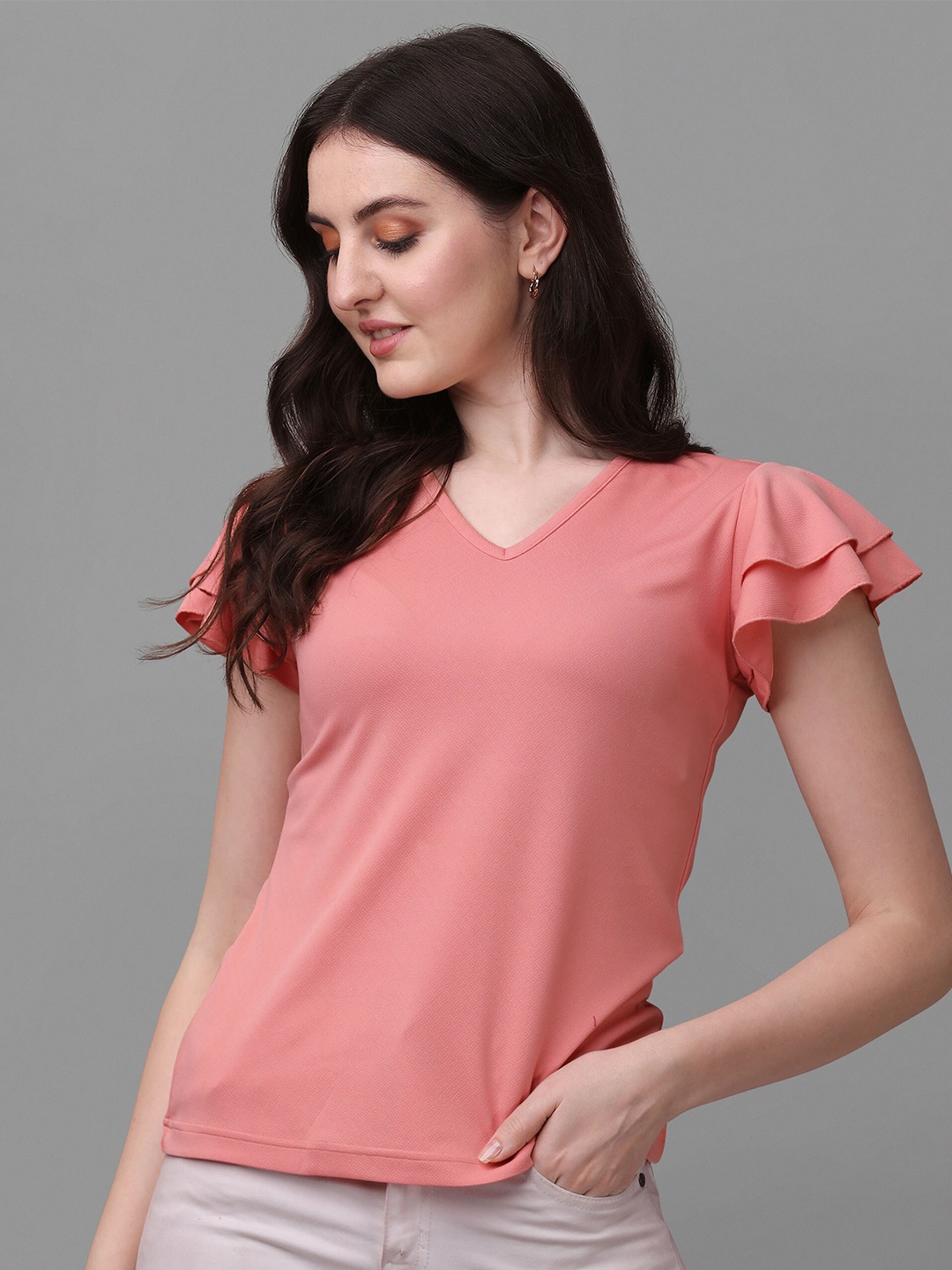 

VeBNoR Women V-Neck Flutter Sleeves Top, Peach