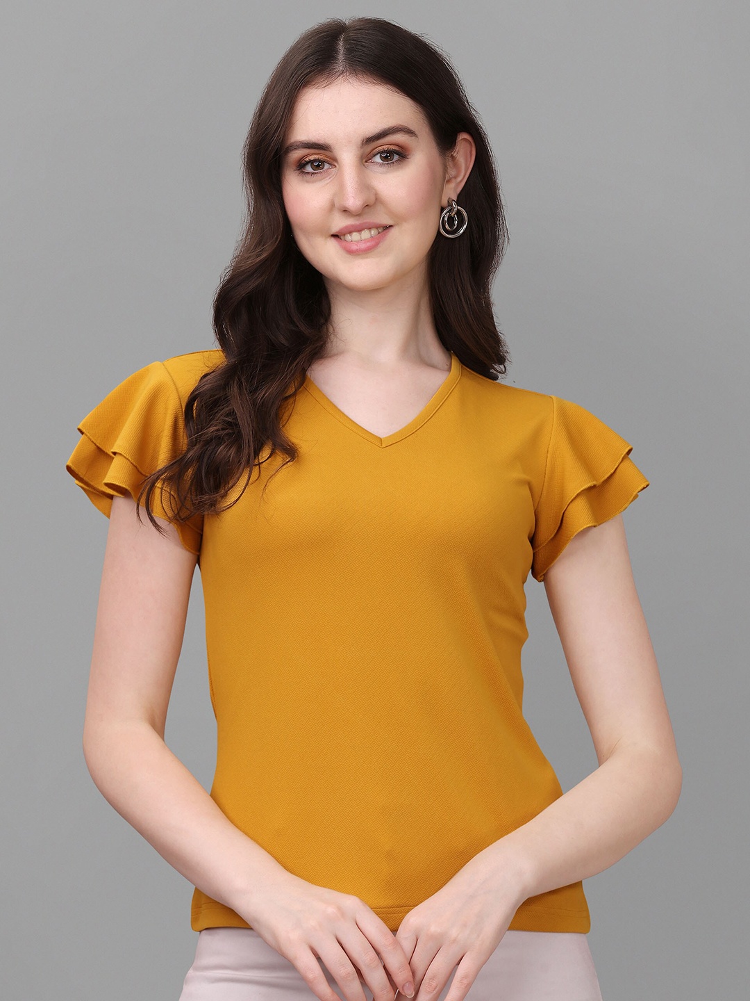 

VeBNoR Women V-Neck Flutter Sleeves Top, Mustard