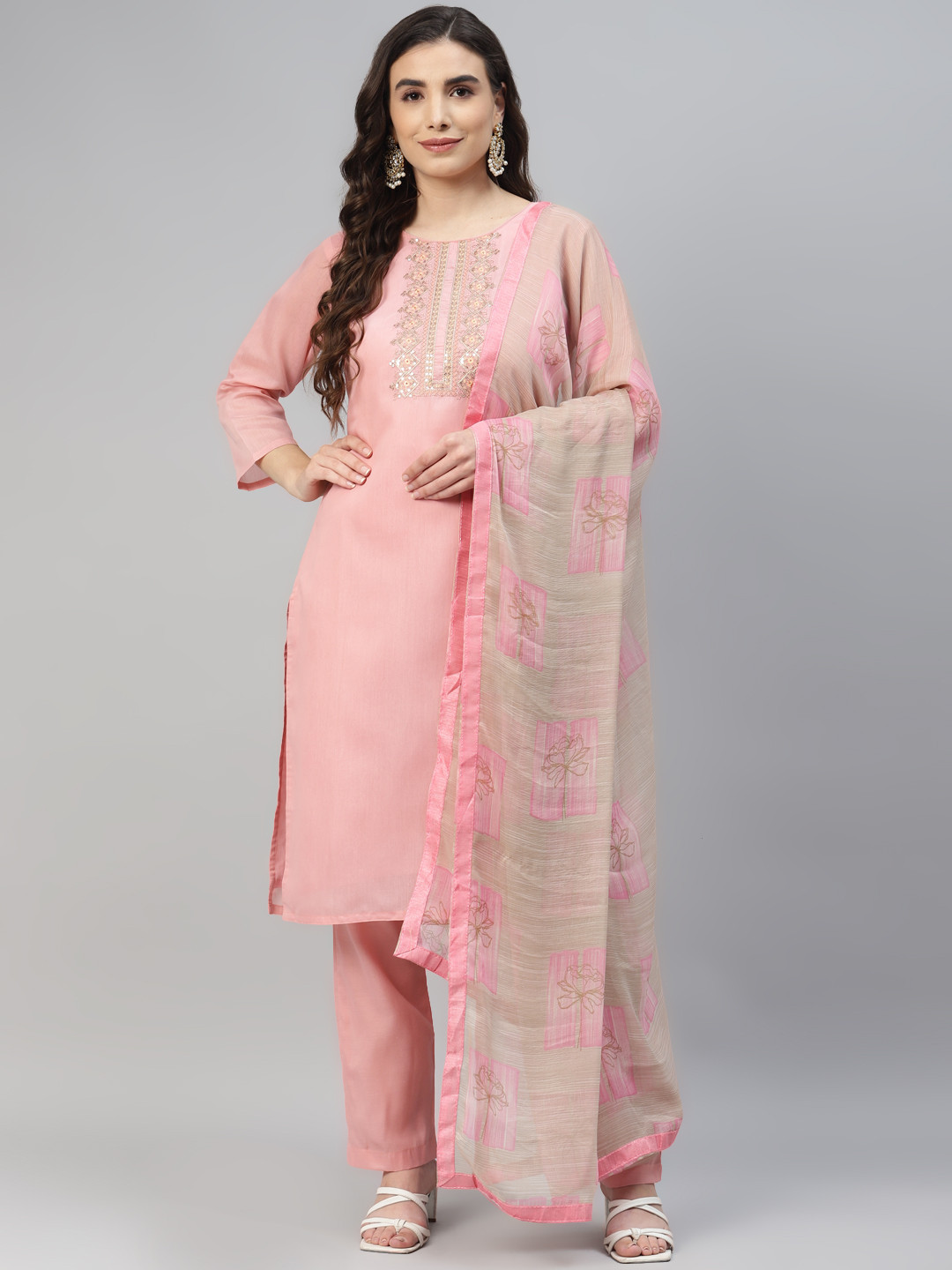 

Readiprint Fashions Pink Embroidered Semi-Stitched Dress Material
