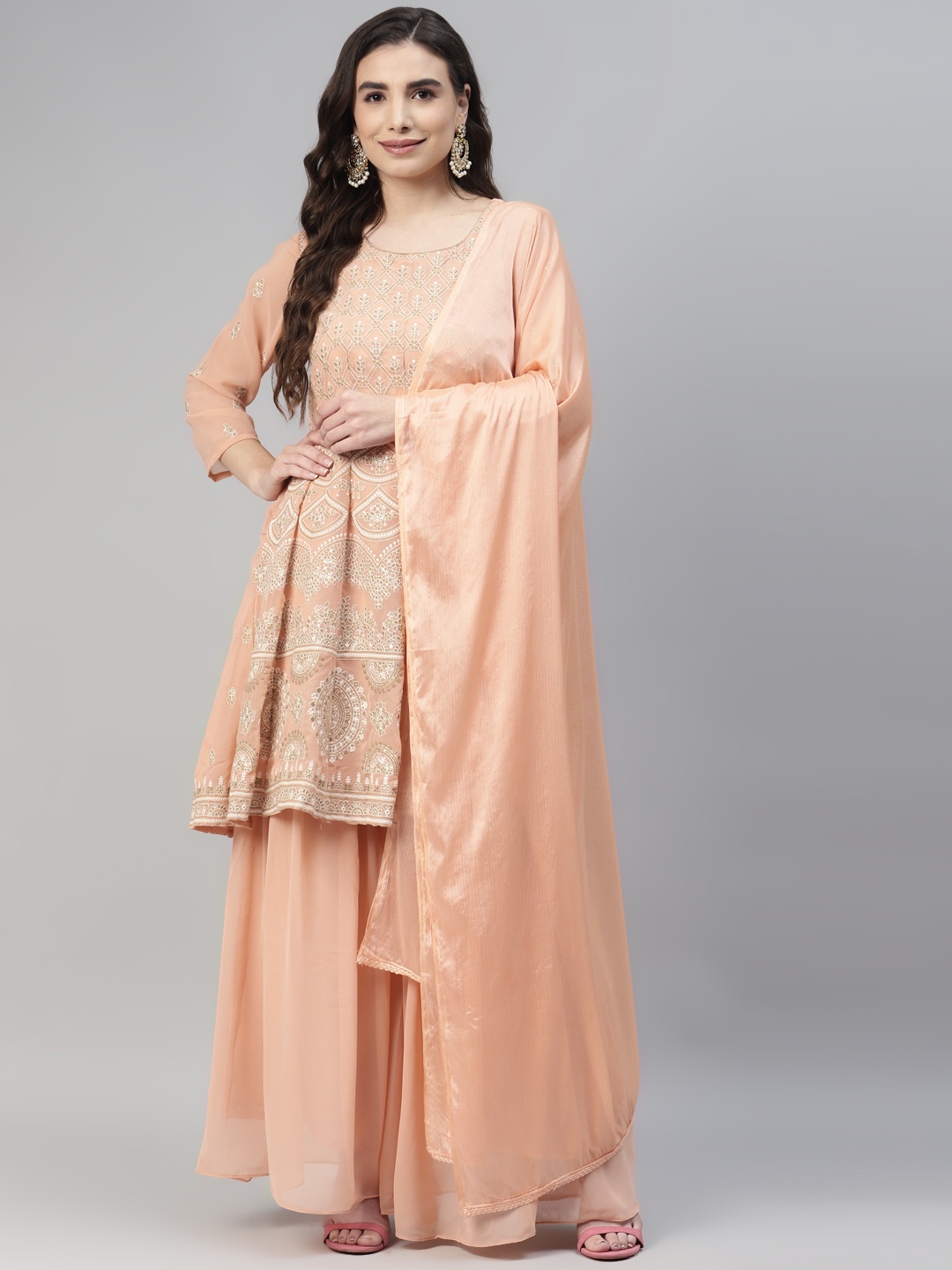 

Readiprint Fashions Peach-Coloured Embroidered Semi-Stitched Dress Material