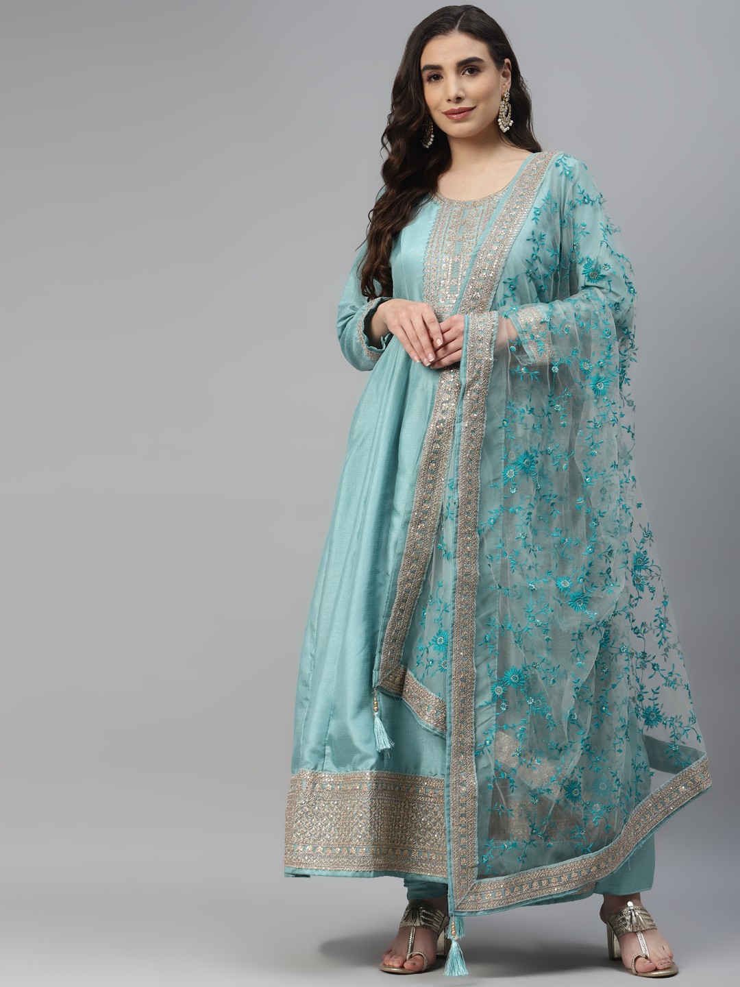 

Readiprint Fashions Blue Embroidered Art Silk Semi-Stitched Dress Material