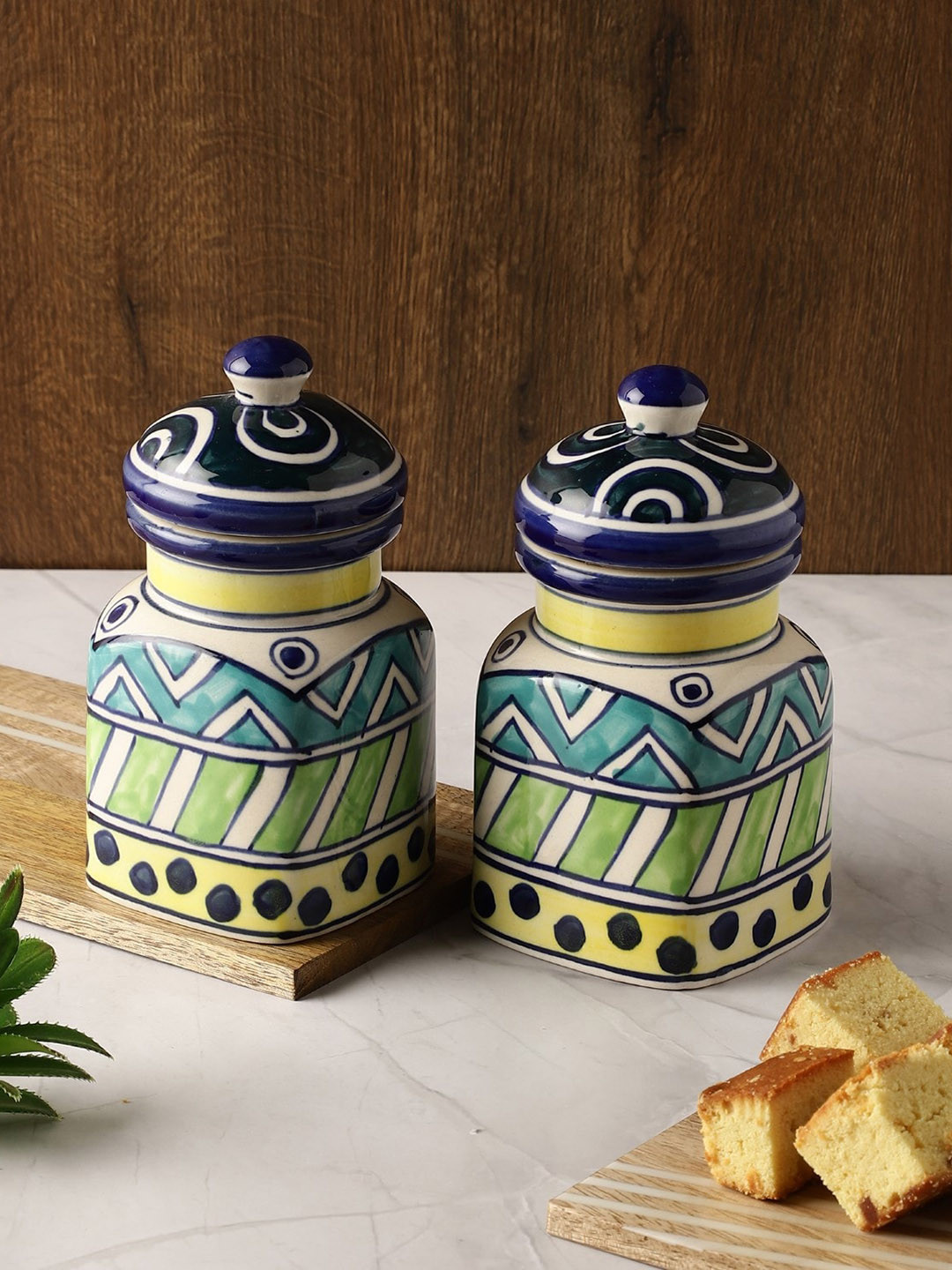 

The Decor Mart Set Of 2 Dishwasher Safe Printed Ceramic Jars With Lid, Yellow