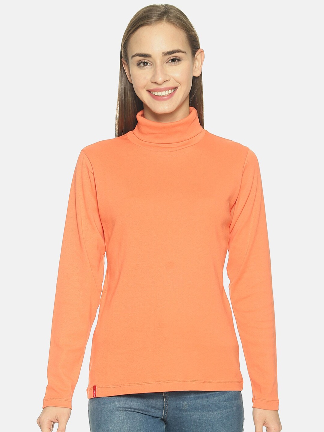 

FEMEA Women Turtle Neck Pure Cotton Top, Orange