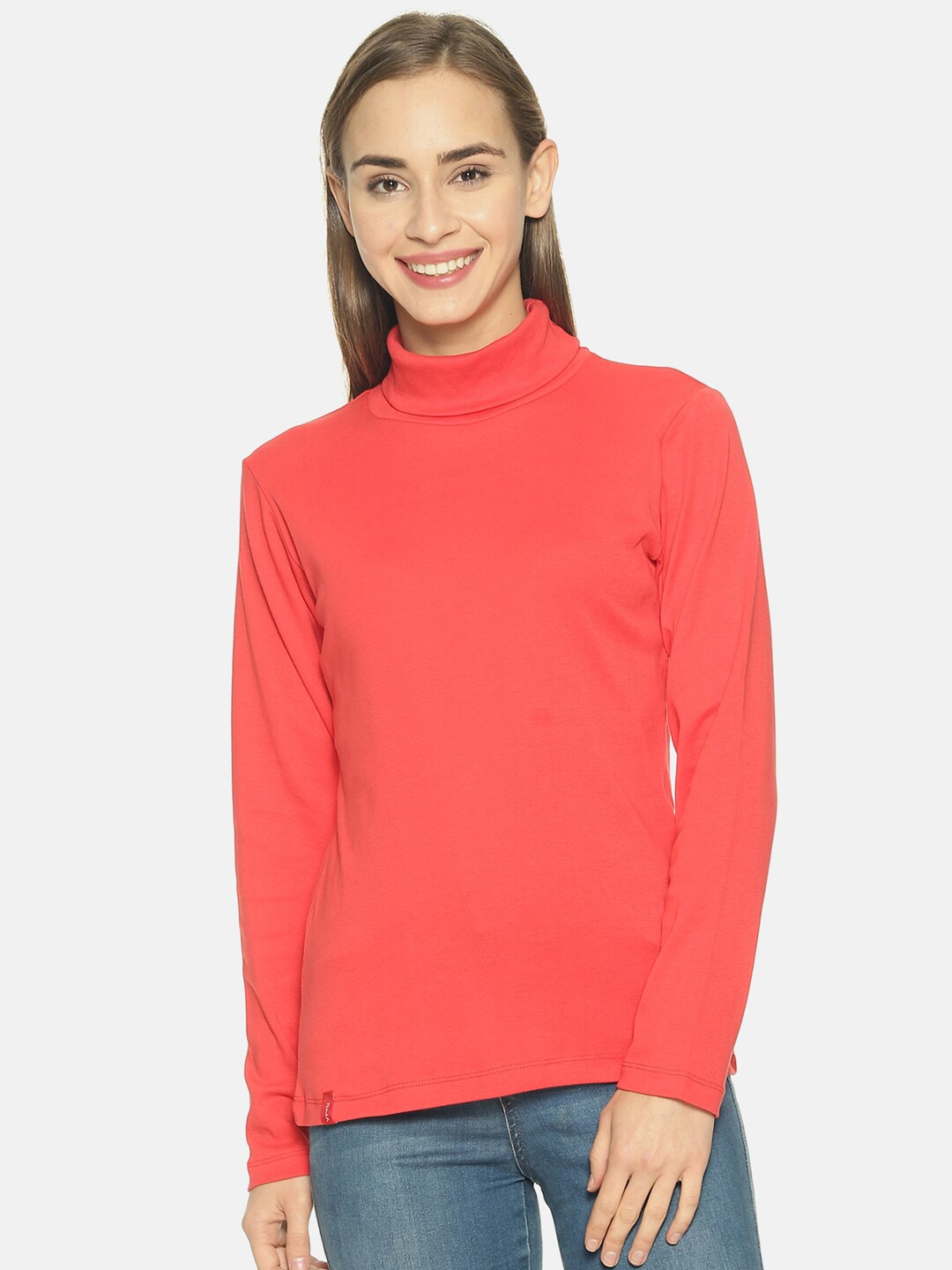 

FEMEA Women Turtle Neck Pure Cotton Top, Coral