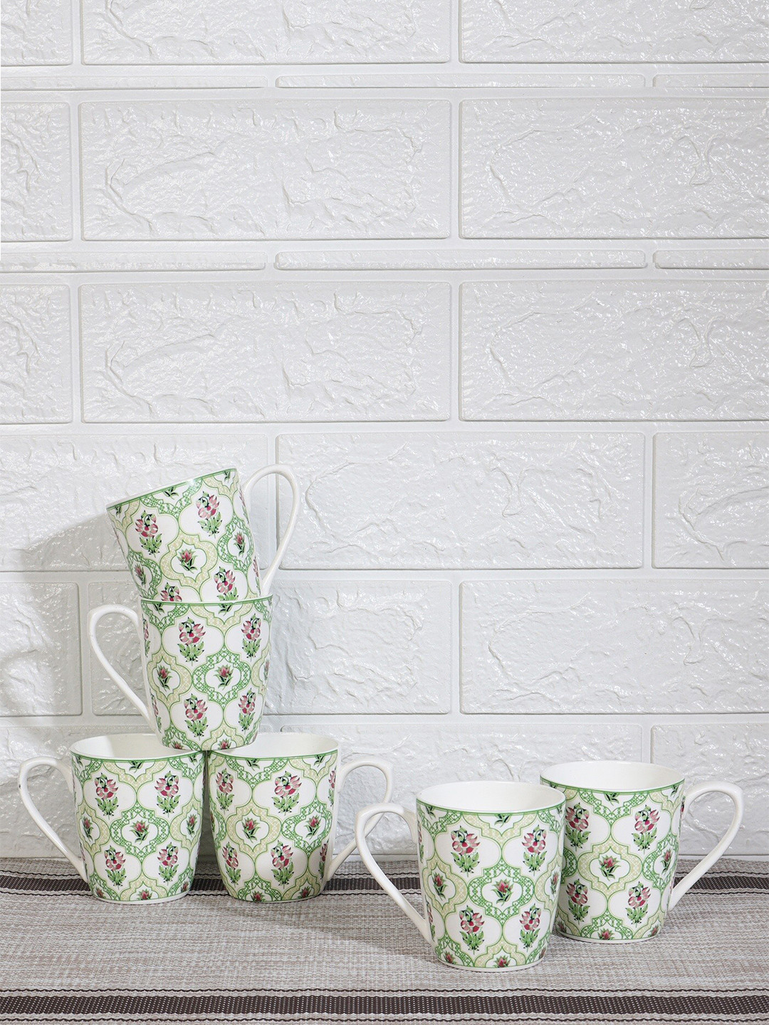 

Femora Green & White Set Of 6 Dishwasher Safe Floral Printed Bone China Cups 160 ml Each